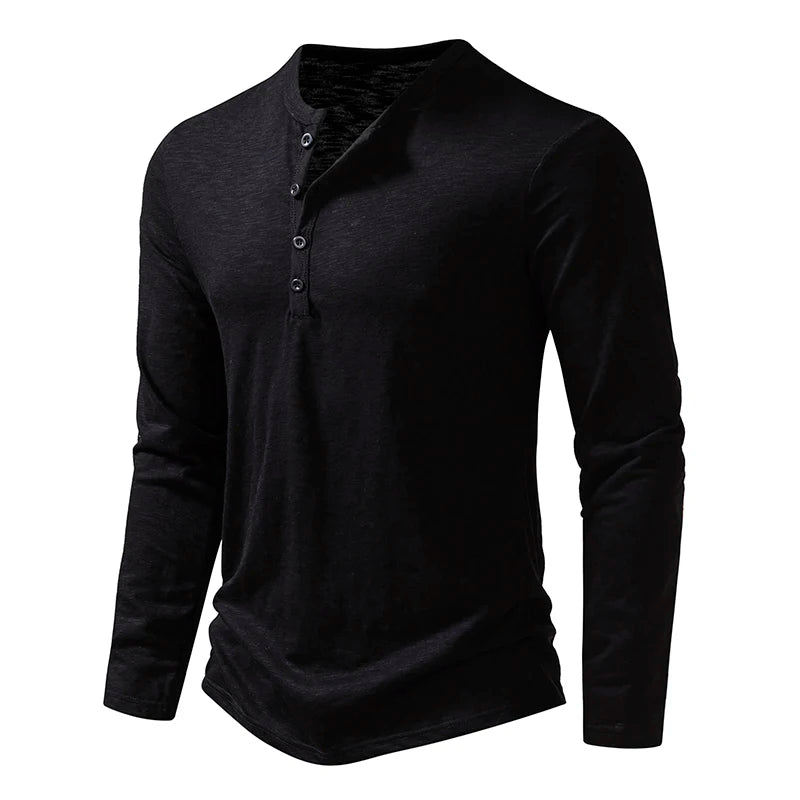 Men's Autumn T-Shirts Casual O Neck Long Sleeve Top Tees Fashion Button Henry Collar Daily Solid Color Tee Hip Hop Streetwears