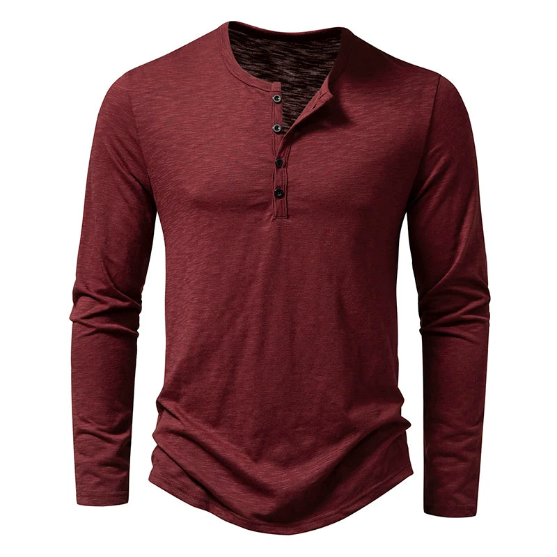 Men's Autumn T-Shirts Casual O Neck Long Sleeve Top Tees Fashion Button Henry Collar Daily Solid Color Tee Hip Hop Streetwears