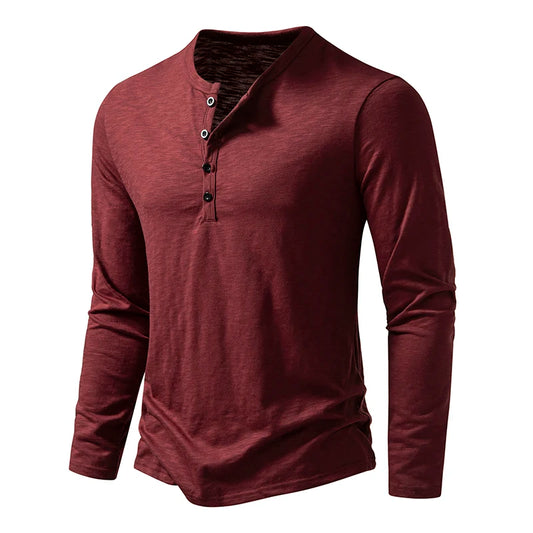 Men's Autumn T-Shirts Casual O Neck Long Sleeve Top Tees Fashion Button Henry Collar Daily Solid Color Tee Hip Hop Streetwears