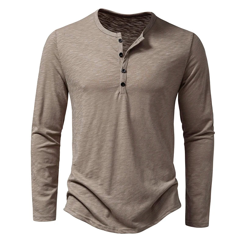 Men's Autumn T-Shirts Casual O Neck Long Sleeve Top Tees Fashion Button Henry Collar Daily Solid Color Tee Hip Hop Streetwears