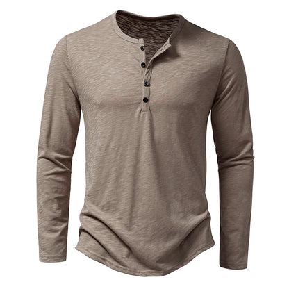 Men's Autumn T-Shirts Casual O Neck Long Sleeve Top Tees Fashion Button Henry Collar Daily Solid Color Tee Hip Hop Streetwears