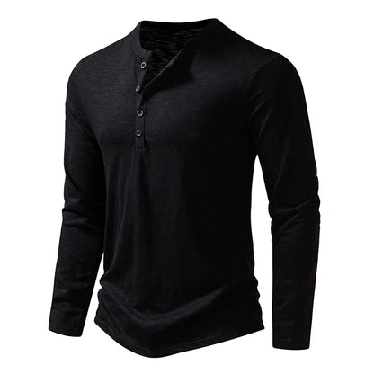 Men's Autumn T-Shirts Casual O Neck Long Sleeve Top Tees Fashion Button Henry Collar Daily Solid Color Tee Hip Hop Streetwears
