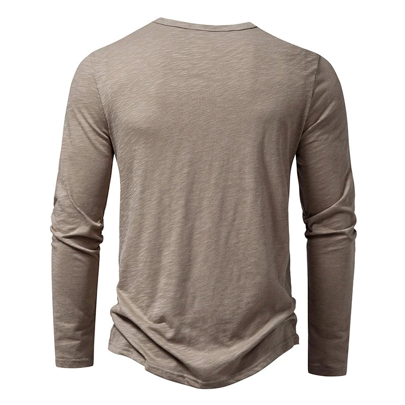 Men's Autumn T-Shirts Casual O Neck Long Sleeve Top Tees Fashion Button Henry Collar Daily Solid Color Tee Hip Hop Streetwears