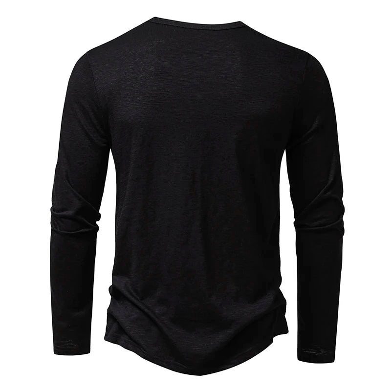 Men's Autumn T-Shirts Casual O Neck Long Sleeve Top Tees Fashion Button Henry Collar Daily Solid Color Tee Hip Hop Streetwears