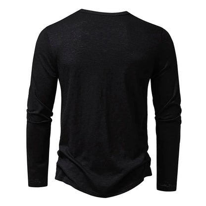 Men's Autumn T-Shirts Casual O Neck Long Sleeve Top Tees Fashion Button Henry Collar Daily Solid Color Tee Hip Hop Streetwears