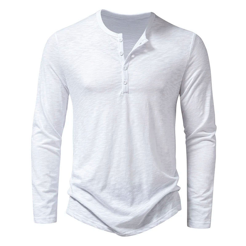Men's Autumn T-Shirts Casual O Neck Long Sleeve Top Tees Fashion Button Henry Collar Daily Solid Color Tee Hip Hop Streetwears
