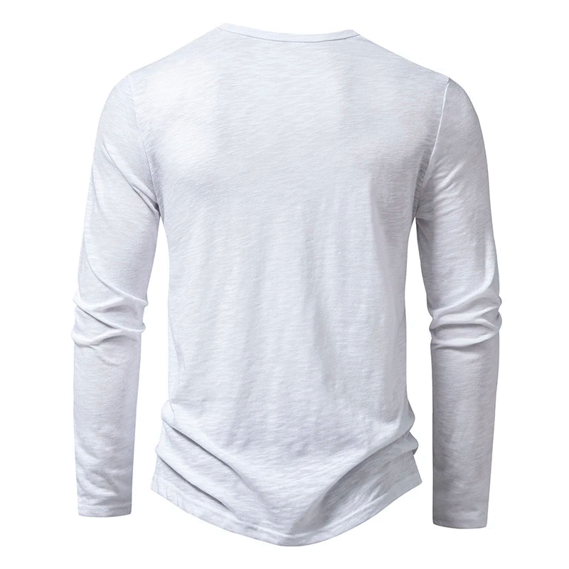 Men's Autumn T-Shirts Casual O Neck Long Sleeve Top Tees Fashion Button Henry Collar Daily Solid Color Tee Hip Hop Streetwears