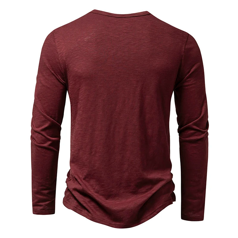 Men's Autumn T-Shirts Casual O Neck Long Sleeve Top Tees Fashion Button Henry Collar Daily Solid Color Tee Hip Hop Streetwears