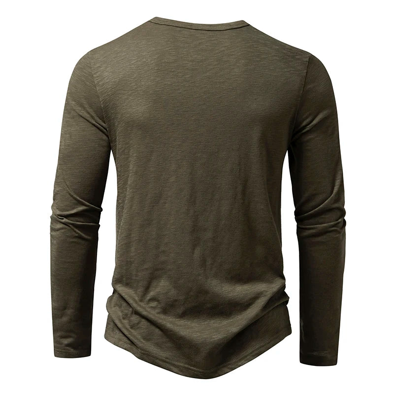 Men's Autumn T-Shirts Casual O Neck Long Sleeve Top Tees Fashion Button Henry Collar Daily Solid Color Tee Hip Hop Streetwears