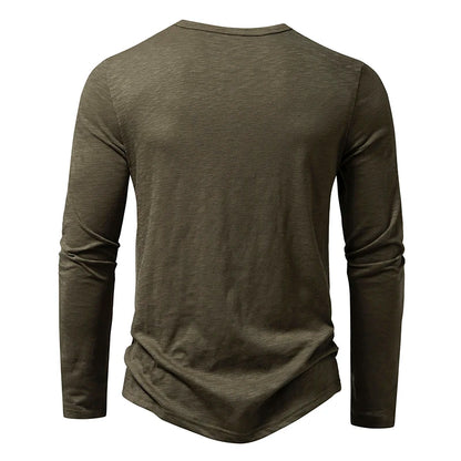 Men's Autumn T-Shirts Casual O Neck Long Sleeve Top Tees Fashion Button Henry Collar Daily Solid Color Tee Hip Hop Streetwears