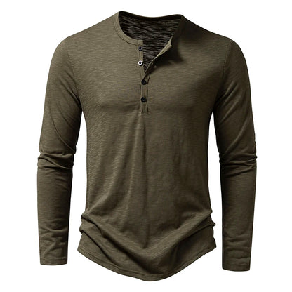 Men's Autumn T-Shirts Casual O Neck Long Sleeve Top Tees Fashion Button Henry Collar Daily Solid Color Tee Hip Hop Streetwears