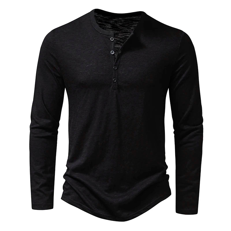 Men's Autumn T-Shirts Casual O Neck Long Sleeve Top Tees Fashion Button Henry Collar Daily Solid Color Tee Hip Hop Streetwears