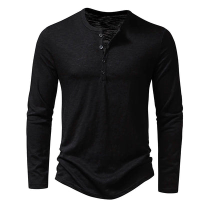Men's Autumn T-Shirts Casual O Neck Long Sleeve Top Tees Fashion Button Henry Collar Daily Solid Color Tee Hip Hop Streetwears