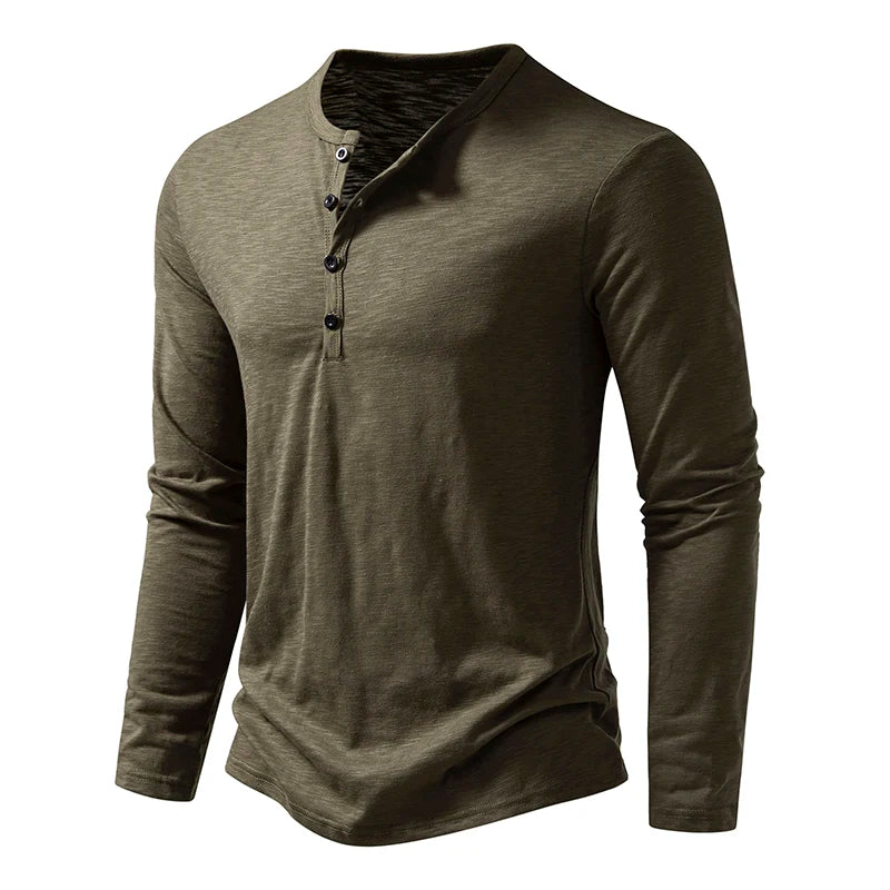Men's Autumn T-Shirts Casual O Neck Long Sleeve Top Tees Fashion Button Henry Collar Daily Solid Color Tee Hip Hop Streetwears