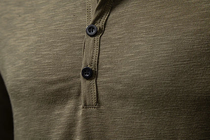 Men's Autumn T-Shirts Casual O Neck Long Sleeve Top Tees Fashion Button Henry Collar Daily Solid Color Tee Hip Hop Streetwears
