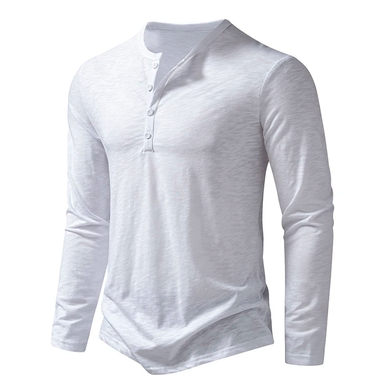Men's Autumn T-Shirts Casual O Neck Long Sleeve Top Tees Fashion Button Henry Collar Daily Solid Color Tee Hip Hop Streetwears