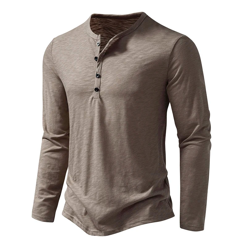 Men's Autumn T-Shirts Casual O Neck Long Sleeve Top Tees Fashion Button Henry Collar Daily Solid Color Tee Hip Hop Streetwears